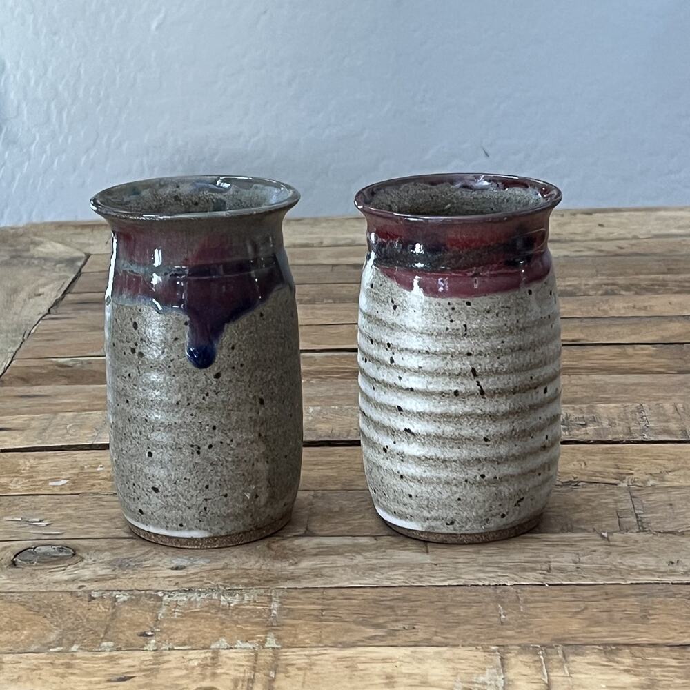 Vintage Houston Studio Pottery Stoneware Vases 5.25" Textured Glaze Drip